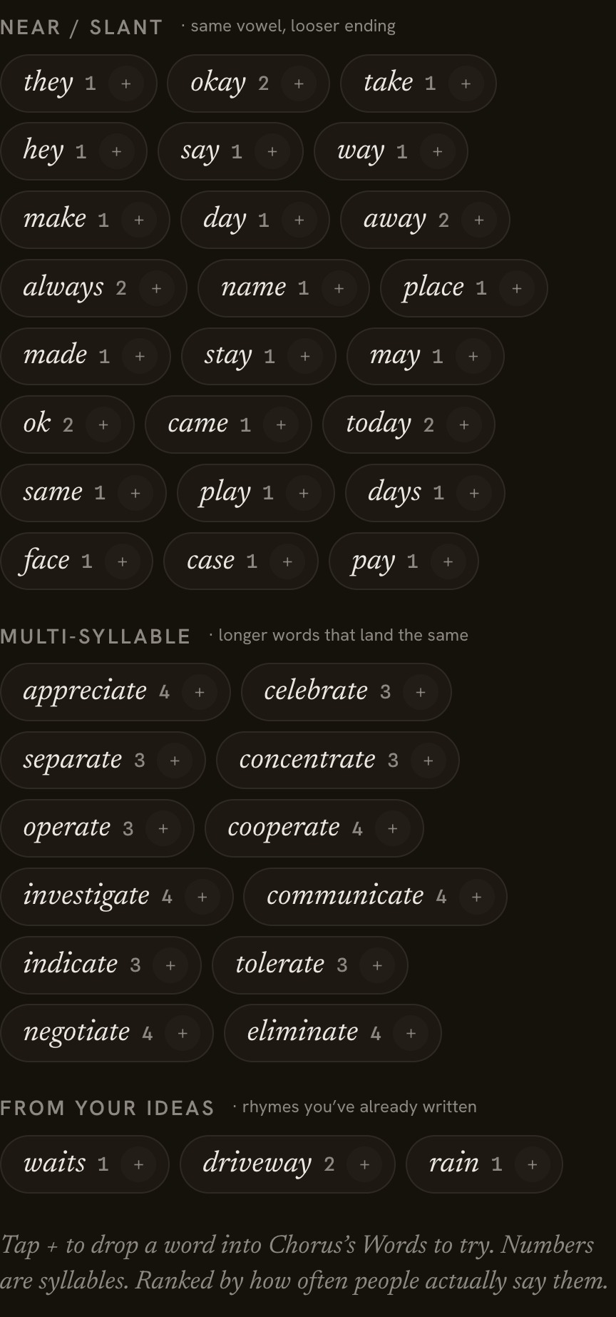 Craft’s Words panel: rhymes for “late” with a From your ideas group.
