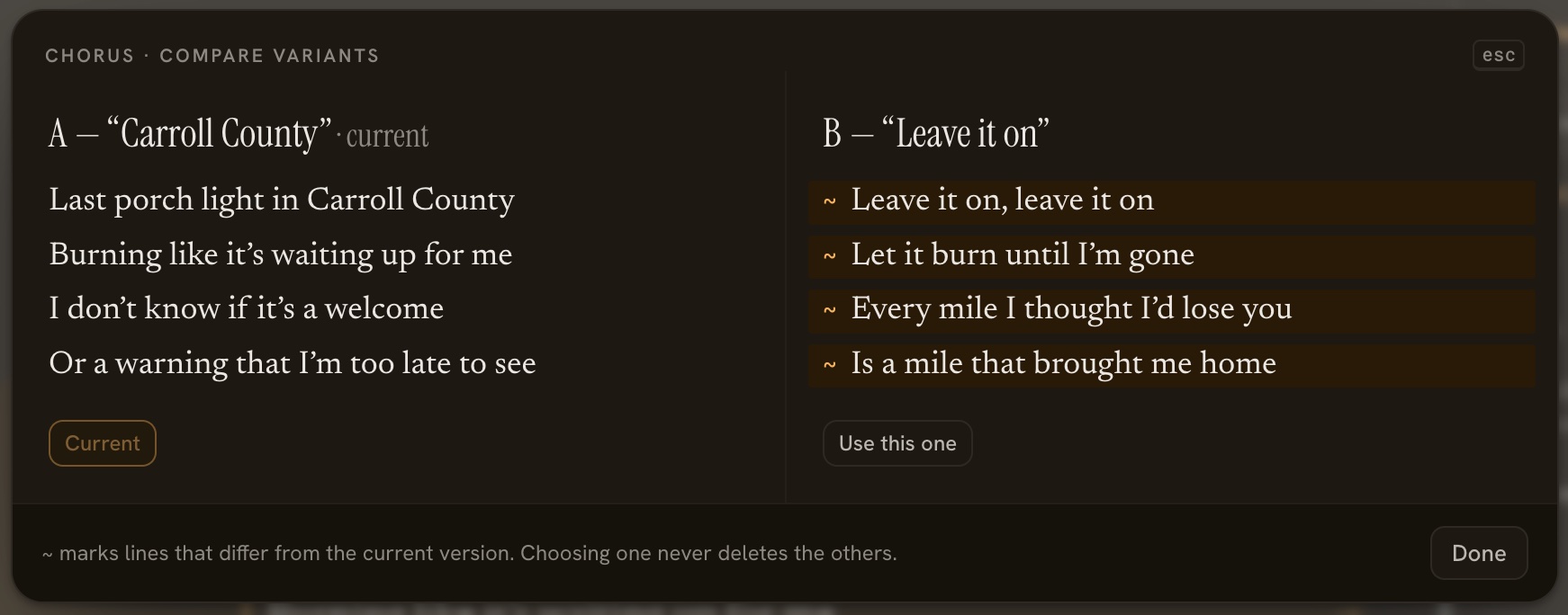 Two versions of a chorus side by side, with the lines that differ marked.