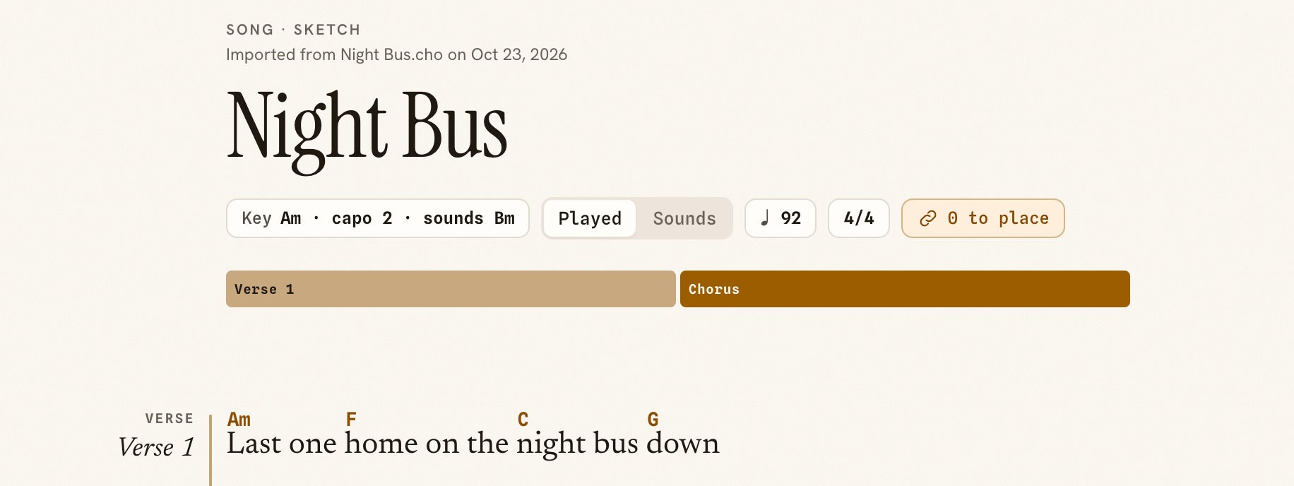 The top of an imported song in Sonetta Studio, with the file it came from above the title, the writers’ names under it, the key with its capo, and the first chords on the words of verse one.